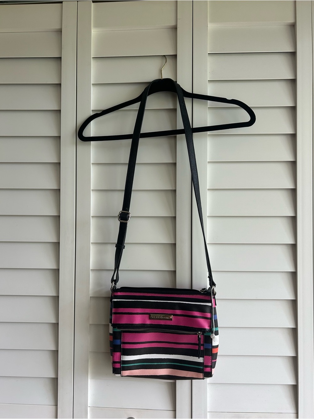 Striped Crossbody Bag in Pink White and Black